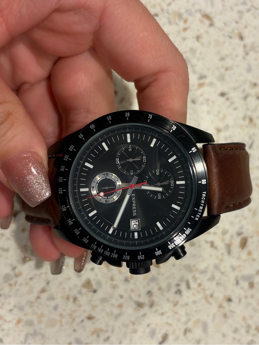 Express Black Dial Chronograph Watch with Brown Leather Strap